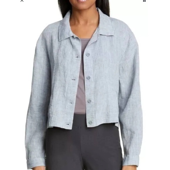 Eileen Fisher Blue Gray Button Up Linen Cropped Shirt Jacket Medium - Picture 3 of 14